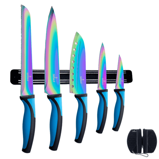 Kitchen Knife Set Kit | Blue Handle & Black Magnetic Rack