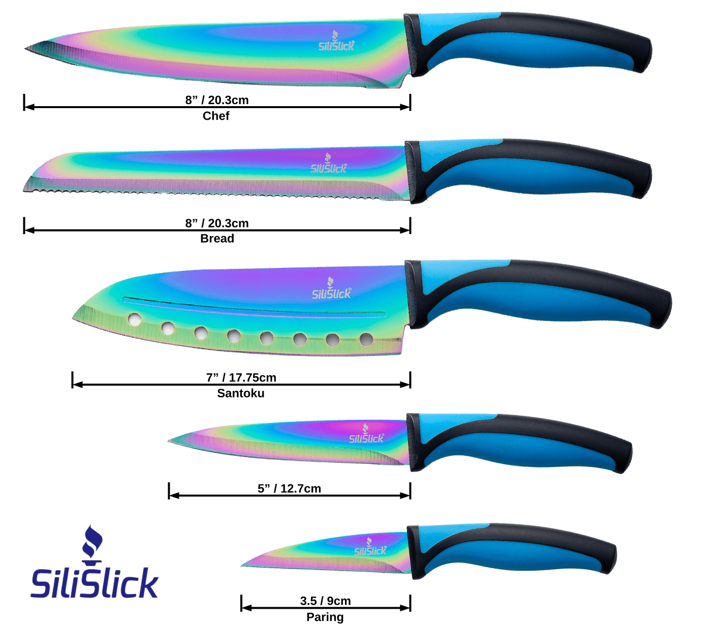Kitchen Knife Set Kit | Blue Handle & Black Magnetic Rack