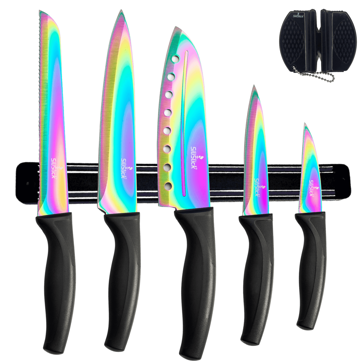 Kitchen Knife Set Kit | Black Handle & Black Magnetic Rack