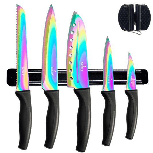 Kitchen Knife Set Kit | Black Handle & Black Magnetic Rack