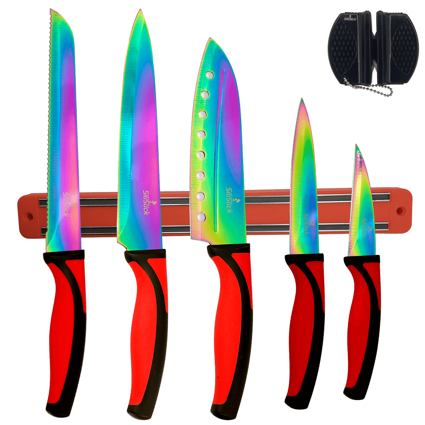 Kitchen Knife Set Kit | Red Handle & Red Magnetic Rack
