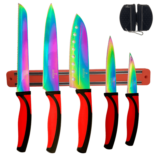 Kitchen Knife Set Kit | Red Handle & Red Magnetic Rack