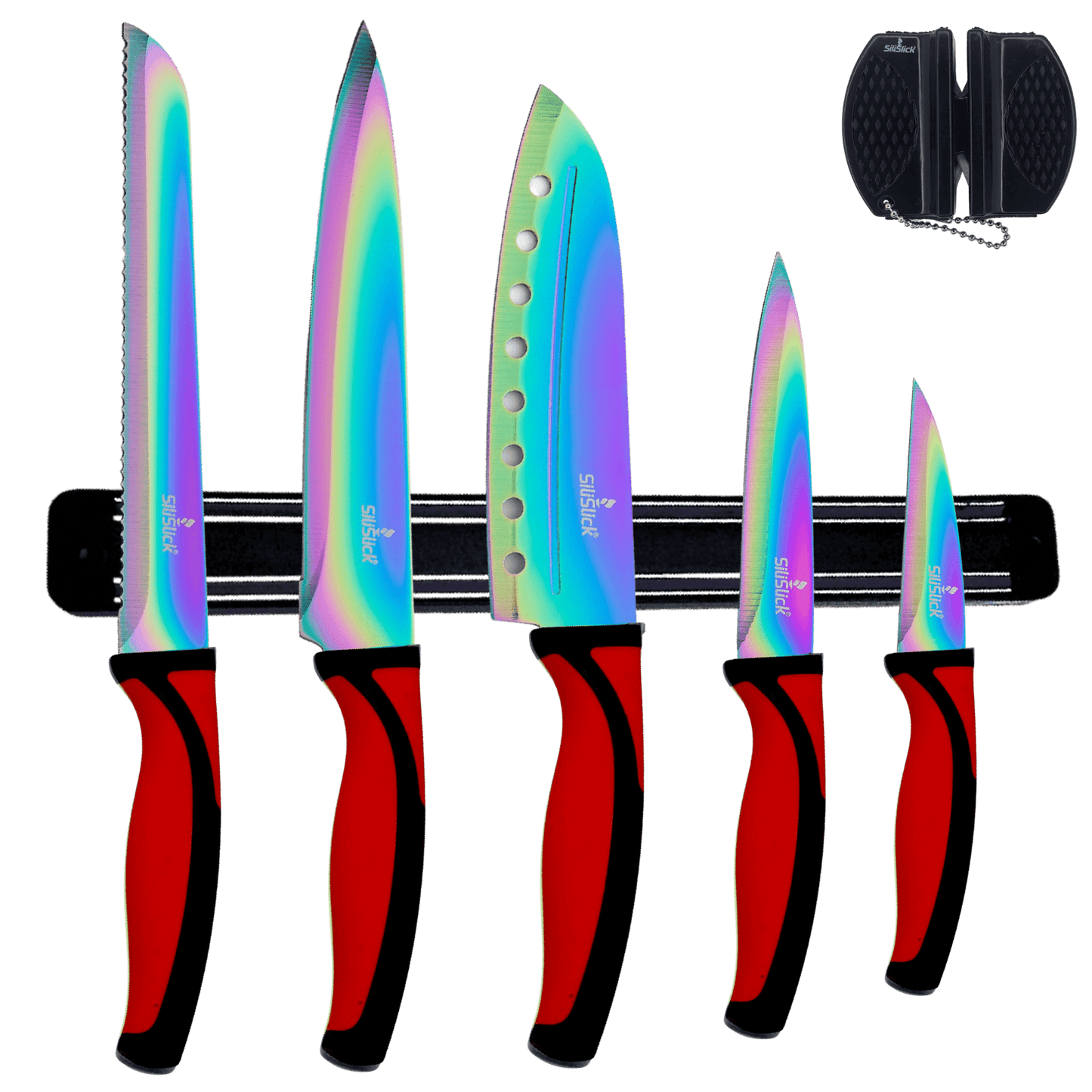 Kitchen Knife Set Kit | Red Handle & Black Magnetic Rack